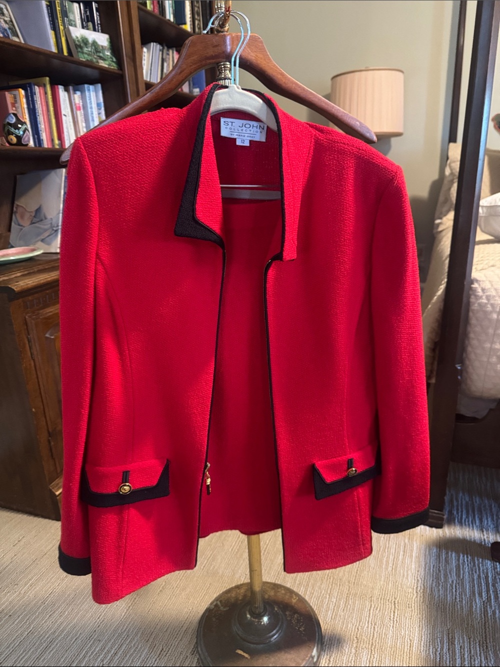 St. John Collection Red Knit Blazer with Black Trim and Red Knit Skirt